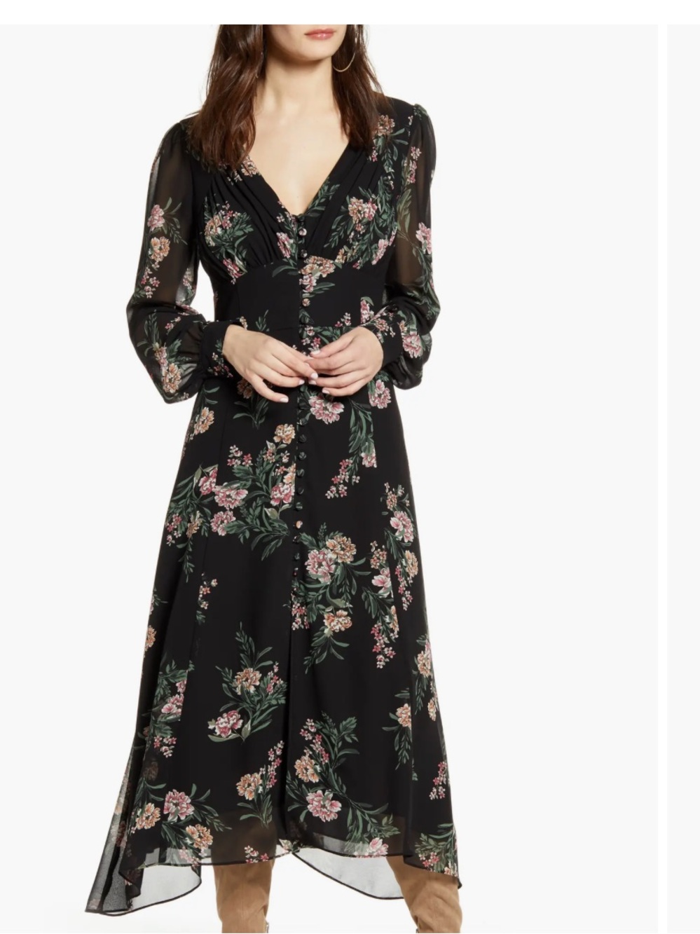 Astr Black Midi Dress with Pink Floral Print